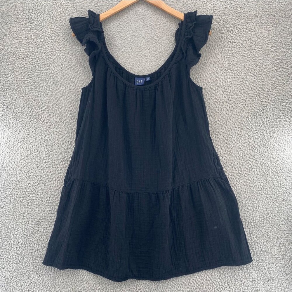 GAP Dress Womens Large Black Cotton Gauzy Sleeveless Tiered Ruffle Pockets Boho